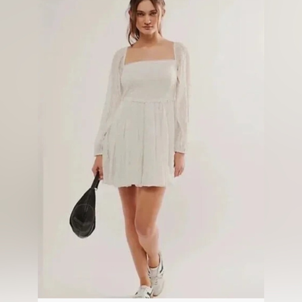 New Free People Long Sleeve Eyelet Malina Mini Dress in White Size Small